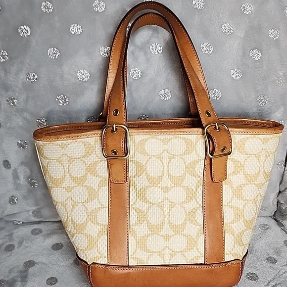 Coach 2001 RARE vintage mini Signature Light Brown Camel Beige Gold Raffia Tote - Picture 2 of 5